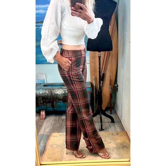 Tommy Hilfiger Plaid Wide Leg Pants With Bottom Snaps - Black and Pink - Picture 3 of 13